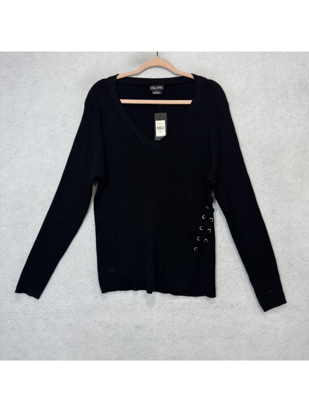 City Chic Sweater Womens US S Black V Neck Side Grommet Rib Knit Pullover